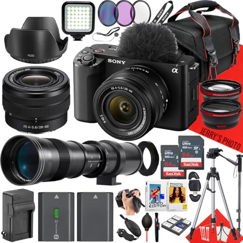 Sony ZV-E1 Mirrorless Camera with Sony FE 28-60mm f/4-5.6 and 420-800mm f/8.3 HD Telephoto Zoom Lens + 2PC 64 GB Memory + LED Light + Case + Monopod + Extra Battery + More (34pc Bundle) (Renewed)