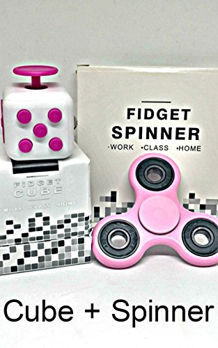 Pink Fidget Hand Spinner + Fidget Cube Combo Pack Bulk 2 PC Multiple Tri-Spinner Non 3D EDC Stress Desk Classroom Fidgeting Brain Focus Desk Finger Toy Quiet Reliever Autism Kids Adults Ceramic Relax