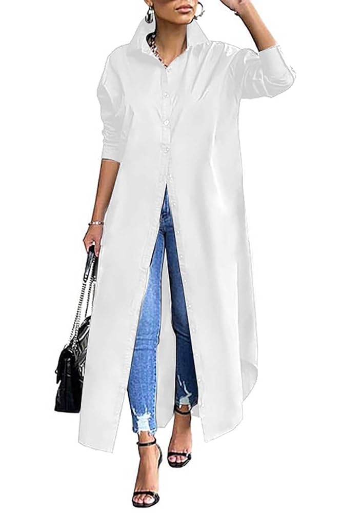 BDAILKA Long Shirt Dress for Women Button Down Loose Fit