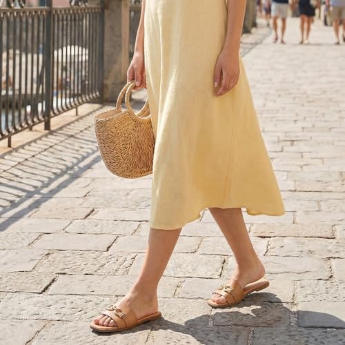 Rihero Slide Sandals Women Comfortable Flat Slides Dressy Summer Square Peep Toe Leather Wide Width Sandals Camel Size 8.5 — view 6