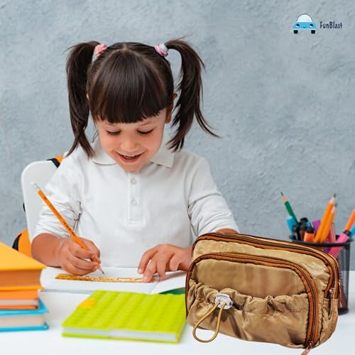 Image of FunBlast Pencil Pouch for Girls - Multiple Compartment Zipper Pouch With Drawstring Pocket, Aesthetic Kawaii Pencil Case, Cute Pouches, Return Gift for Kids (Tan)