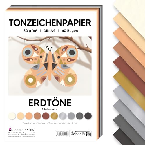 MarpaJansen Kleurtekenpapier, aardetinten, DIN A4, om te knutselen en te ontwerpen, 60 vellen in 10 kleuren, 130 g/m² stabiel papier, ideaal voor kaarten en doe-het-zelfprojecten