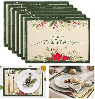 Whaline 6Pcs Christmas Burlap Placemats Poinsettia Flowers Table Mats Double-Layer Waterproof Xmas Placemat 12 x 18 Inch Heat Resistant Table Mats for Christmas Home Kitchen Decoration Supplies