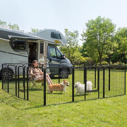 Image of Yaheetech 32 inch H 12-Panel Extra Wide Dog Playpen w /Door for Indoor Outdoor | Heavy Duty Metal Frame, Secure Latch Gate, Tool-Free Assembly, Portable For Yard RV Camping, Ideal For Small & Medium Pets