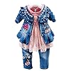 Peacolate Spring Autumn Baby Girls Clothing Set 3pcs Long Sleeve T-Shirt Denim Jacket and Jeans