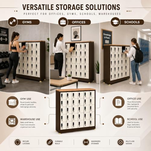 Image of Amazon Brand - Solimo 30-Door Mobile Locker Cabinet Heavy-Duty Lockable Steel Compartments for Phones Wallets & Valuables Powder-Coated Brown Finish Office School Gym Warehouse