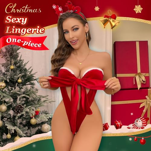 SheerSensation Conjunto de lingerie de Natal sexy com nó frontal aberto em veludo vermelho Papai Noe