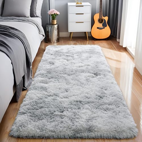 KING DARE Shag Runner Rug 2x6 for Bedroom Bedside, Washable Fluffy Plush Non-Slip Soft Carpet for Dorm Hallways Entryway Kids Room, Modern Home Decor Aesthetic, Tie-dye Grey