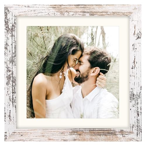 SNXJWA White 10x10 Picture Frame with Mat for 8x8 Display, Rustic Desk Wall Photo Frame for Horizontal and Vertical, 1 Pack
