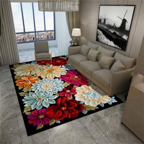 Tapis lavable en machine 300x400cm rouge doux motif fleurs 3D