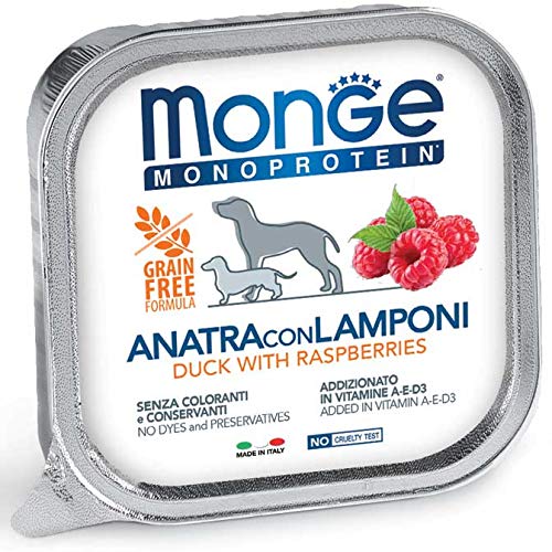 Monge Alimento Cibo Umido per Cani MONOPROTEICO Frutta Anatra LAMPONI Pate' GR.150X24