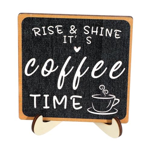 TIESOME Letrero de madera para bar de café, 4 x 4 pulgadas, letrero de madera Rise and Shine It's Coffee Time con soporte de madera, decoración de bar de granja