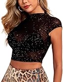 YYA Sheer Mesh Crop Top with Silver Glitter Cap Sleeve Party Top for Women Slashed Neck Sexy Blouse Black L