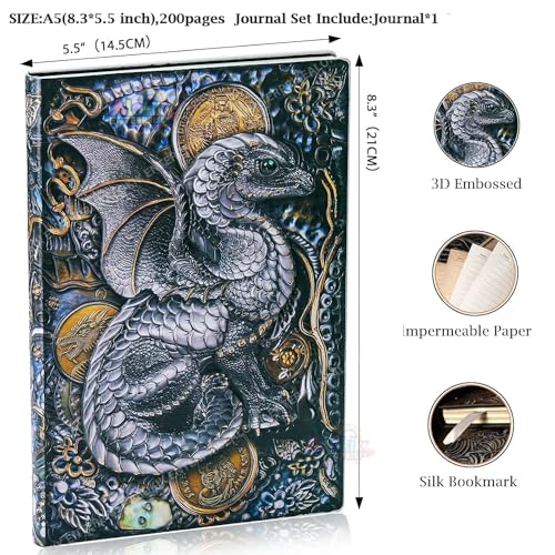 Image of Alokik 3D Vintage Dragon DND Journal Writing Notebook,3D Dragon Embossed Leather Notebook Travel Journal With 200 Pages A5 Journal Diary Writing Valentines Anniversary Birthday Gifts for Men Women