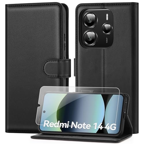 ivencase Coque pour Xiaomi Redmi Note 14 4G avec Verre Trempé, étui Cuir PU Magnétique [Pochette de Portefeuille] [Blocage du Signal RFID] Housse de Fonction Stand Video Porte Case -Noir