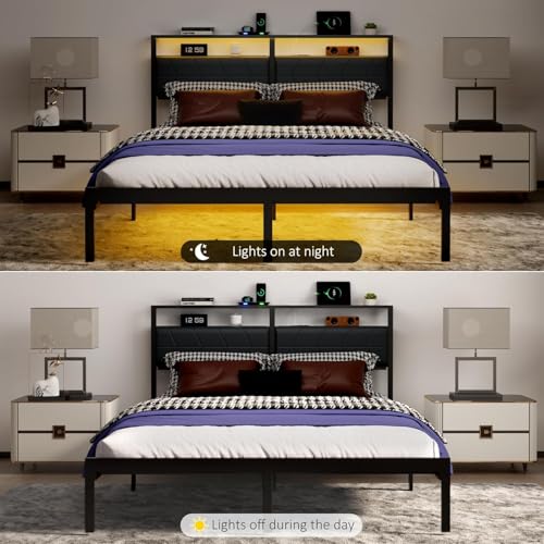 Image of J.Fkne Full Bed Frame with LED Lights & Charging Station, Metal Platform Bed Frame with 2 Tier Storage Headboard, Under Bed Storage, No Box Spring Needed, Noise Free, Easy Assembly