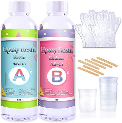 Epoxy Resin Coating Kit - 16 Ounce Kit Crystal Clear Resin For Art, Jewelry, Art Work,Wood Finishes, See Through Encapsulations - Bonus 4 Pcs Graduated Cups, 6Pcs Sticks
