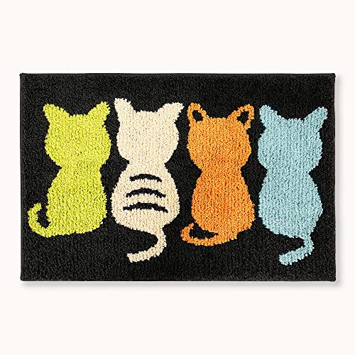 玄関マット かわいい バスマット おしゃれ 猫柄 足ふきマット 40x60cm お風呂マット 吸水速乾 グラデーション シャギー ふわふわ 丸洗い 高耐久, ブラック