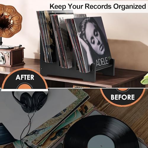 Optyuwah Schallplattenständer Holz Schwarz Moderne Stufen Vinyl Aufbewahrung Regal für Schallplatten Zeitschriften Bücher 37x27x24cm
