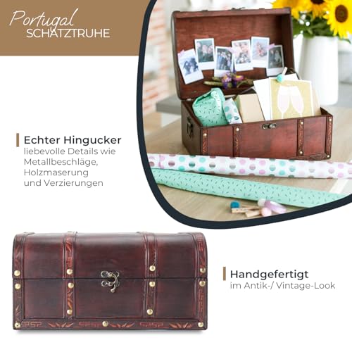 HMF Schatztruhe aus Holz, kleine Schatzkiste mit Vintage Metallverschluss für Kindergeburtstag, Hochzeit oder Jubiläum | 30 x 20 x 15 cm | Portugal