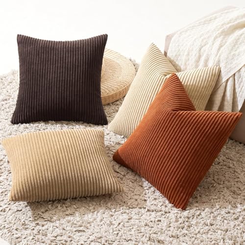 Image of MIULEE Boho Farmhouse Throw Pillow Covers 20x20 Inch Set of 4 Rustic Mordern Neutral Cushion Covers Soft Corduroy Nordic Fall Home Decor for Couch Bed Sofa Living Room Chocolate Brown /Rust