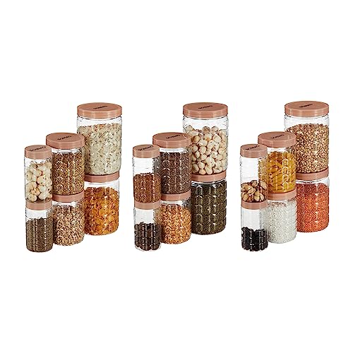 Image of Solimo Checkered Jar Container Set - 18 Pieces (250ml, 500ml, 1000ml) | Air Tight | Kitchen Organiser | BPA Free | Stackable, Plastic, Choco /Brown