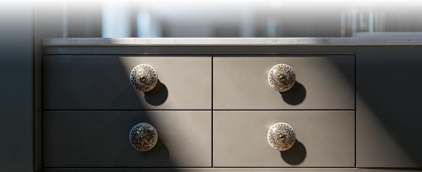 Grey Cabinet Knobs Boho Ceramic Dresser Pull Handle Kitchen Cabinets Assorted Knob & Cupboard Door Knob for Farmhouse Decor Furniture Hardware Gold Wardrobe Interior Décor Knobs- Pack of 30