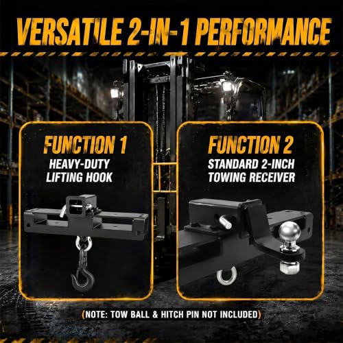 Image of Outus Heavy Duty Forklift Lifting Hook Attachment, 10 Ton Dual Fork Mount Forklift Crane Hook with 2 inch Trailer Hitch for Lifting, Towing, Machinery, Generators, Drums & Tractor Forks
