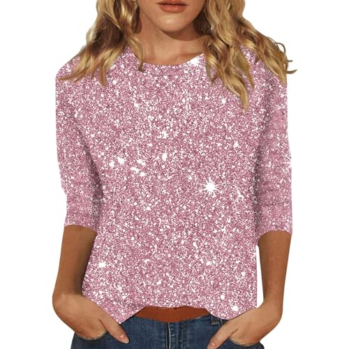 Generic Damen Glitzer Pullover Elegant Festlich Pailletten Oberteil Rot S 3/4 Ärmel Fischgrätenkragen Glitzer Shirt Rosa