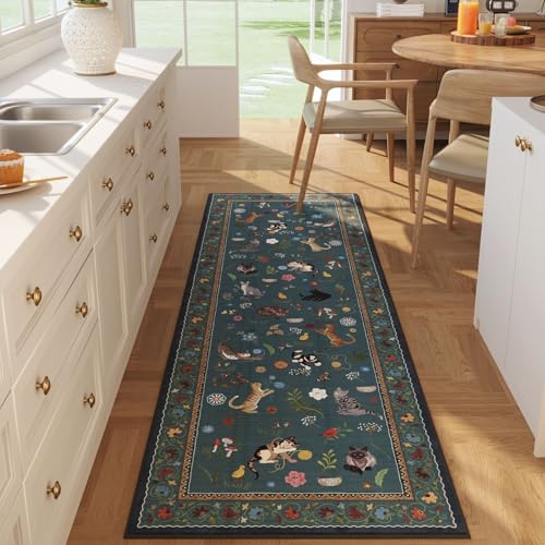 Runner Rug for Kitchen Non Slip 2'6''x8' Washable Rugs with Rubber Backing Soft Floral Animal Cat Carpet Runner for Kitchen Laundry Bedroom Bathroom, Pearl Gentian Blue
