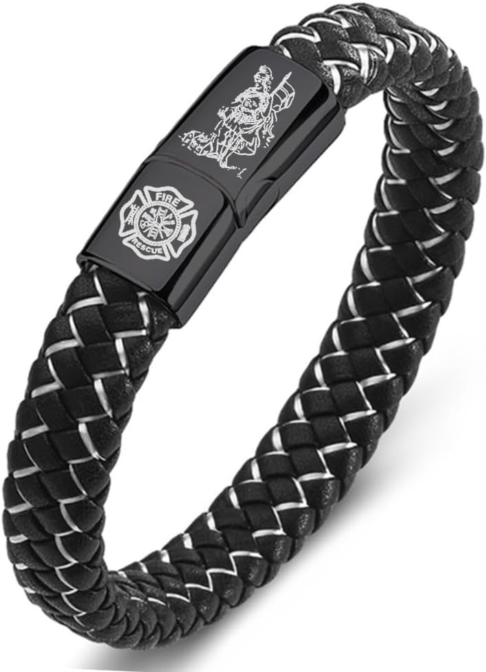 Saint St Florian Firefighter Bracelet for Men Women,Handmade Leather Saint Florian Bracelets Cuff Bangle Protection Amulet Medal Jewelry Catholic Gift