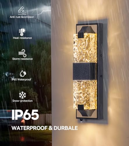 Image of 15.3 inch Dusk to Dawn Outdoor Wall Light, 12W LED Black and Gold, 1-Pack | IP65 Waterproof, Exterior Crystal Modern Wall Sconce, Ideal for Porch, Hallway, Doorway, Patio