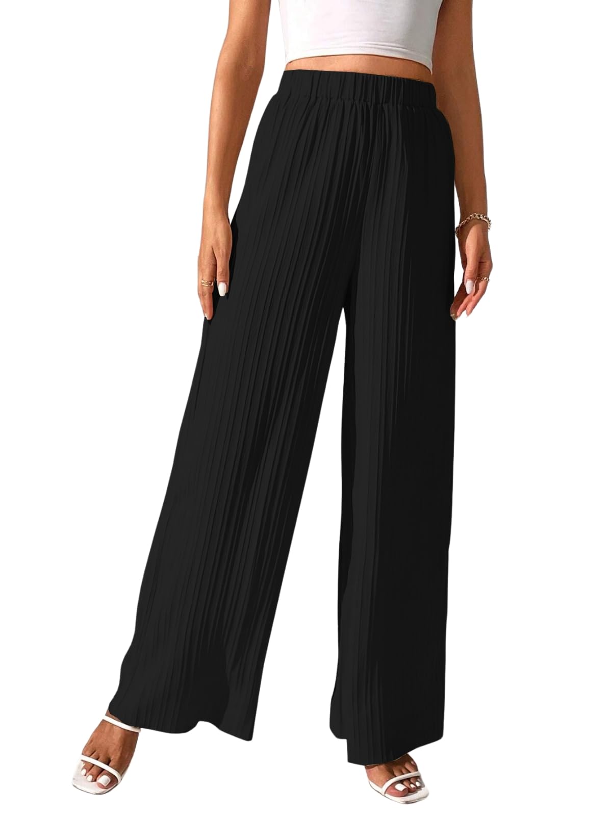 Leriya Fashion Pantaloni a palazzo da donna plissettati a vita alta elasticizzati | Estate Casual Lounge Wear Leggero Fluido Vestibilità dritta Confortevole Viaggio Spiaggia Ufficio Abbigliamento
