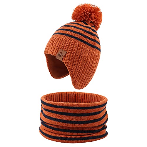 XIAOHAWANG Gorro De Bebé De Invierno A Rayas Gorro De Punto Niños Niñas Niños Pequeños Niños Cálidos Gorros De Gorro Clásico (Caramelo (Sombrero + Bufanda),S)