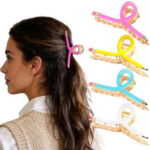 4 piezas Pinzas para cabello con diseño de lápiz para mujeres y niñas, accesorios para cabello de regreso a clases, mezcla miniatura 1
