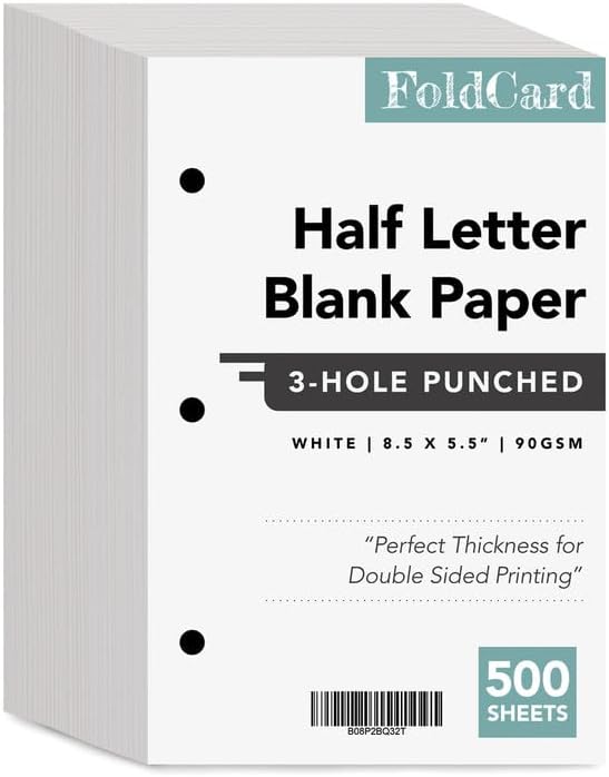 Papel en blanco de media letra, 3 agujeros perforados, blanco brillante con 3 anillas y portapapeles, 8.5 x 5.5 pulgadas, escritura, copia,
