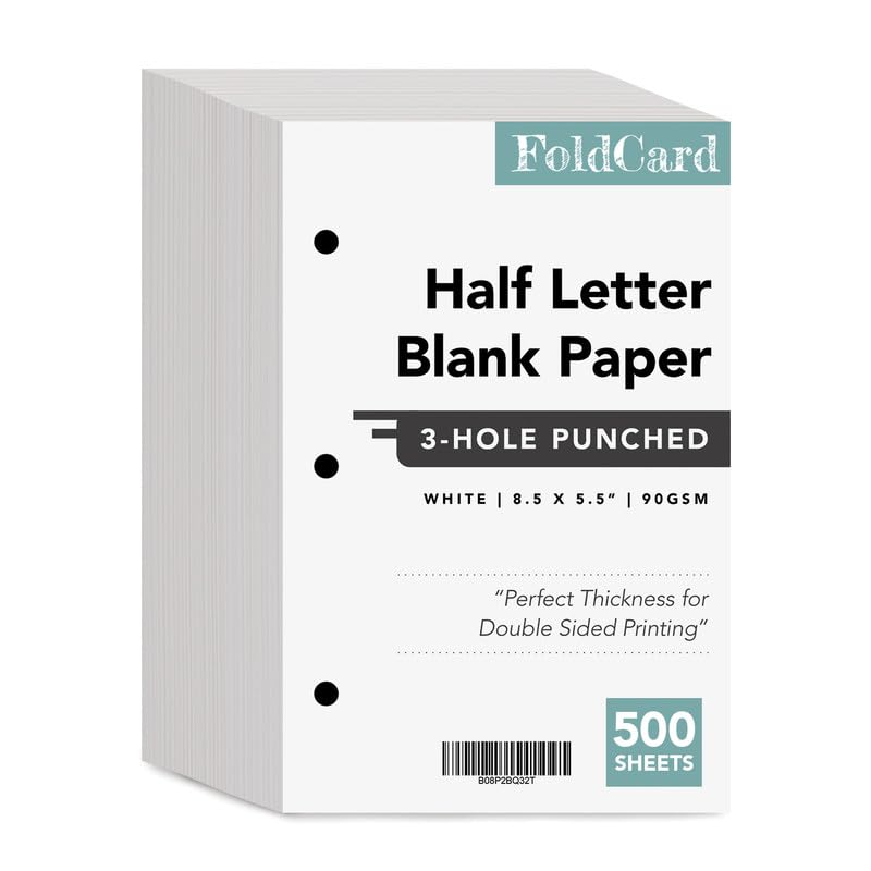 Half Letter Blank Paper, 3 Hole Punched, Bright White 3 Ring Binders and Clipboards Refill – 8.5" x 5.5" – Writing, Copy, Printing – Regular Paper,