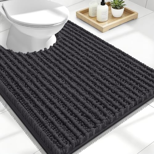 Image of OLANLY Toilet Rugs U Shaped 24x20, Thick Soft and Absorbent Chenille Contour Bath Mat, Non-Slip Rubber Backing, Machine Washable Quick Dry Toilet Mat, Home Decor Accessories, Dark Grey