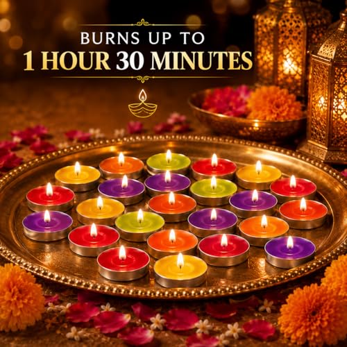 Image of Bindian Candle Tealight Candles, 100% Paraffin Wax Candles for Decoration, Smokeless Tea light Candle 50 pcs for Home Decor, Diwali Decoration, Wax Candles 1-1.5 Hour Burn Time (Pack of 50 Multicolor)