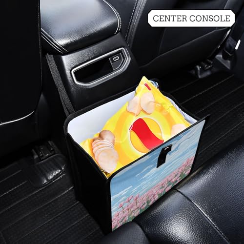 Image of Car Trash Can Organizer Bin with Adjustable Strap for Back Front Seat Console Waterproof Leakproof Collapsible Portable 11 Inch Pink Tulip Field and Blue Sky