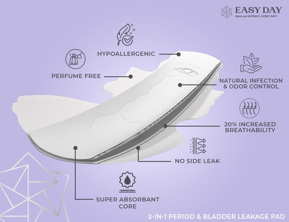 EASYDAY Overnight Heavy Flow(2-in-1 Period & Light Bladder Leakage Feminine Pads) Wings, Sensitive Skins, Unscented, Breathable, Ultra Thin Innovative Leak Guard, Individually Wrapped (12)
