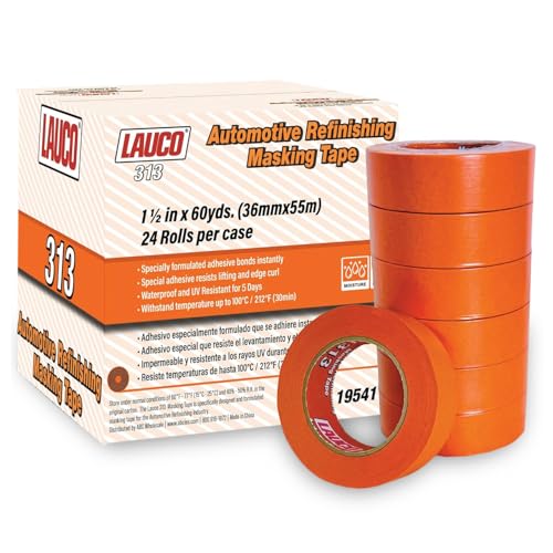 LAUCO Orange Automotive Refinishing Masking Tape 1.5 in x 60 yd (24 Rolls) – Autobody Painters Tape, UV, Moisture & Heat Resistant, No Residue, Multi-Purpose for Auto Paint & Detailing