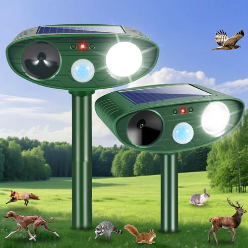 2 Pack Solar Animal Repellent Ultrasonic Cat Deer Squirrel Repellent Animal Deterrent Outdoor with Motion Sensor & Strobe Light - Keep Dogs, Raccoons, Rabbits, Skunks Away from Garden Yard Farm