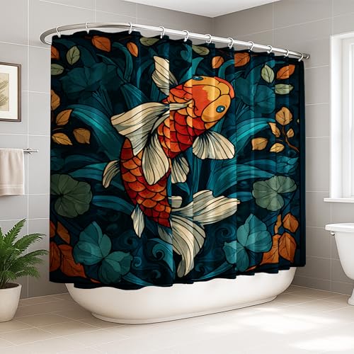 Rideau de douche extra large 274x183 cm bleu sarcelle imprimé carpe et nénuphars avec crochets