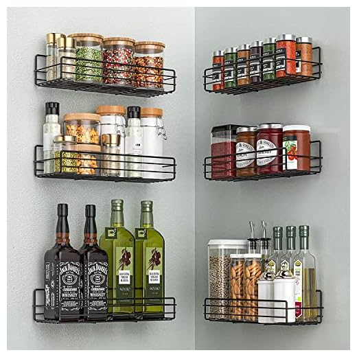 MOFOROCO Organizador de especias para pared (6 unidades), estante organizador para especias negro para colgar, organizador de condimentos para granja, ahorro de espacio, estante para especias para pared de cocina, organizador de baño flexible