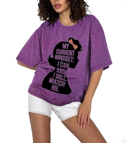 FOMICO Women's Vintage Washed Cotton Purple T-Shirt Soft Silhouette Print Summer Tee Round Neck Short Sleeve Casual Tops for Everyday Wear