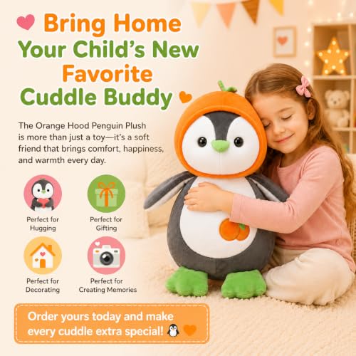 Image of Cute Penguin Plush Toy with Orange Hoodie | 28cm Soft Velvet Stuffed Animal for Kids | Premium Washable Penguin Teddy Bear, Huggable Plushie Birthday Gift for Toddlers, Boys & Girls
