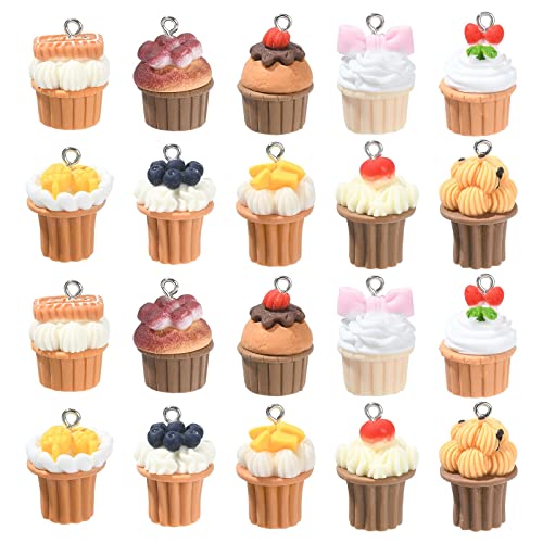 Ipotkitt 20 Pcs Mixed Color Dessert Charms - 10 Styles 3D Cupcake and Fruit Cake Imitation Food With Loops for DIY Jewelry Craft Making