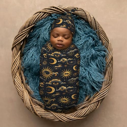 Image of Golden Sun Moon Eyes Newborn Swaddle Blankets Hat Sets Soft Baby Receiving Blanket Swaddle Sack for Baby Shower Infant Boy Girl Gift