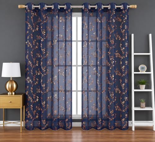 Image of littlelotus Floral Print Tissue Net Sheer Transparent Grommet Curtains for Door 7 feet Long Set of 2, Navy Blue